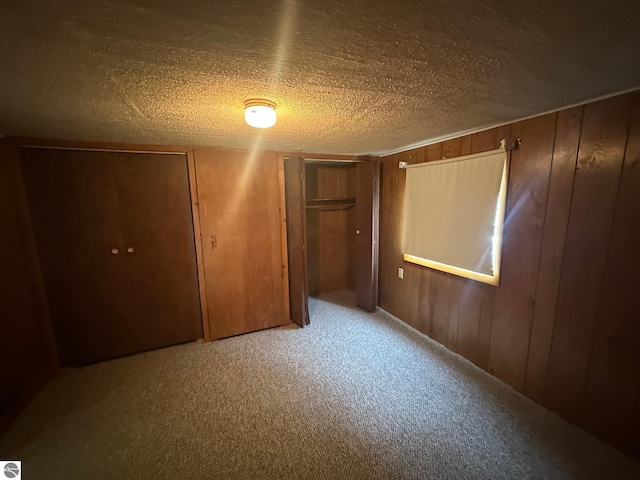1007 Park St, Mount Pleasant, MI 48858 - unfurnished bedroom featuring carpet floors, a textured ceiling, wood walls, and multiple closets