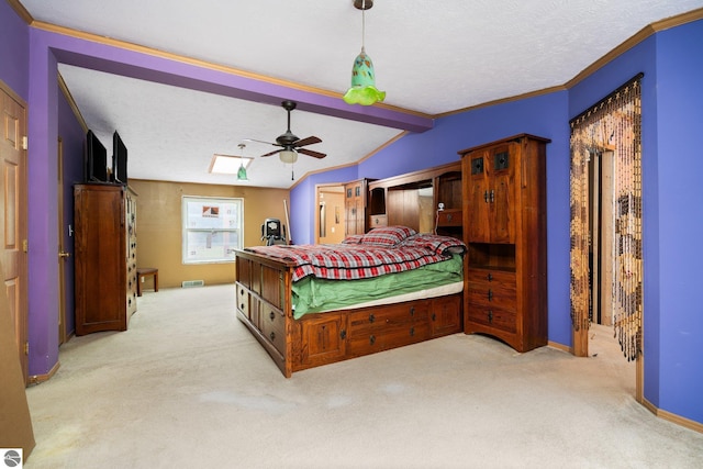 11567 Lake Valley Rd, Kalkaska, MI 49646 - bedroom with carpet, ceiling fan, ornamental molding, baseboards, and a textured ceiling