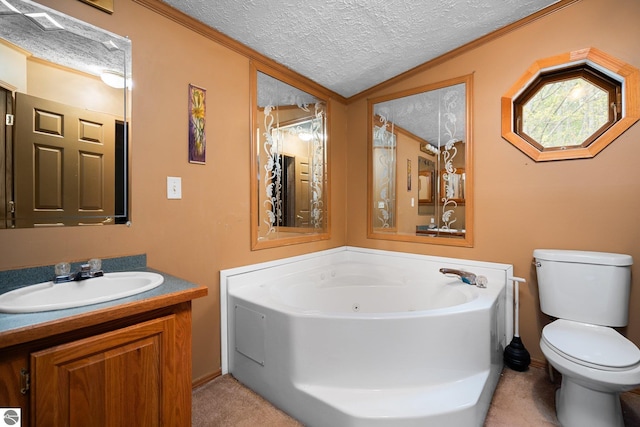 11567 Lake Valley Rd, Kalkaska, MI 49646 - bathroom featuring vanity, a whirlpool tub, a textured ceiling, toilet, and crown molding