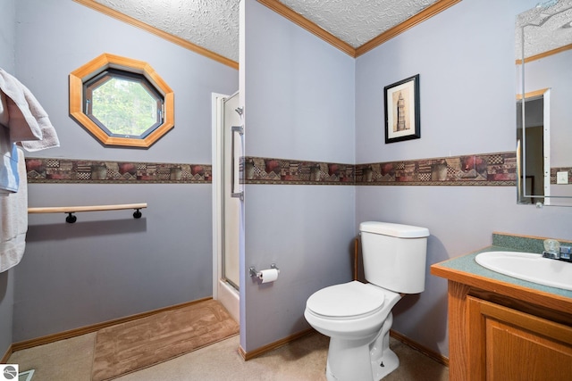 11567 Lake Valley Rd, Kalkaska, MI 49646 - bathroom with a shower stall, toilet, vanity, a textured ceiling, and baseboards