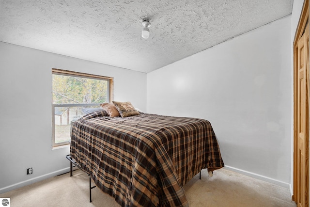 11567 Lake Valley Rd, Kalkaska, MI 49646 - bedroom featuring light colored carpet, baseboards, and a textured ceiling