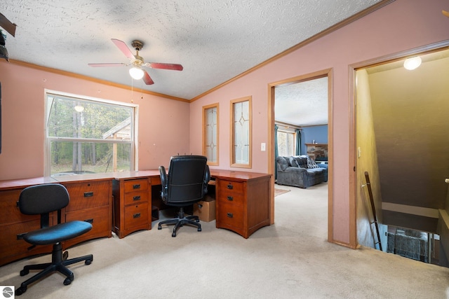 11567 Lake Valley Rd, Kalkaska, MI 49646 - home office featuring crown molding, a textured ceiling, light carpet, vaulted ceiling, and ceiling fan