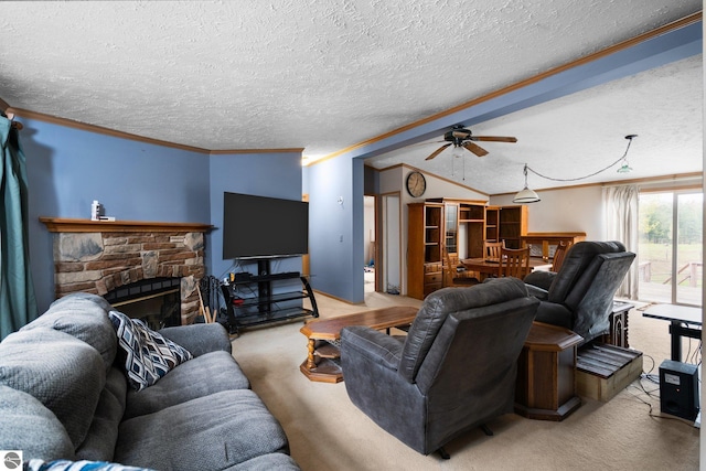 11567 Lake Valley Rd, Kalkaska, MI 49646 - living area featuring crown molding, carpet floors, a textured ceiling, a ceiling fan, and a fireplace