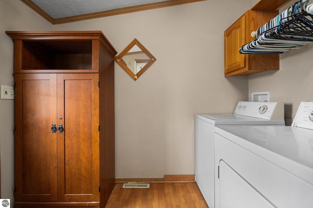 11567 Lake Valley Rd, Kalkaska, MI 49646 - laundry room with separate washer and dryer, wood finished floors, cabinet space, ornamental molding, and baseboards