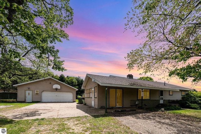 6770 N Crystal, Vestaburg, MI 48891 - ranch-style home with a detached garage, an outbuilding, a porch, and a chimney