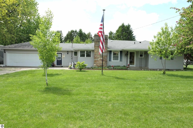 505 Eaton St, Breckenridge, MI 48615 - ranch-style home with concrete driveway, a garage, a front lawn, a chimney, and a shingled roof