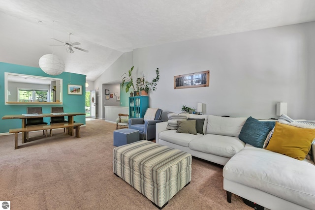4667 Arbor Latch, Traverse City, MI 49685 - living room featuring carpet, ceiling fan, lofted ceiling, and baseboards