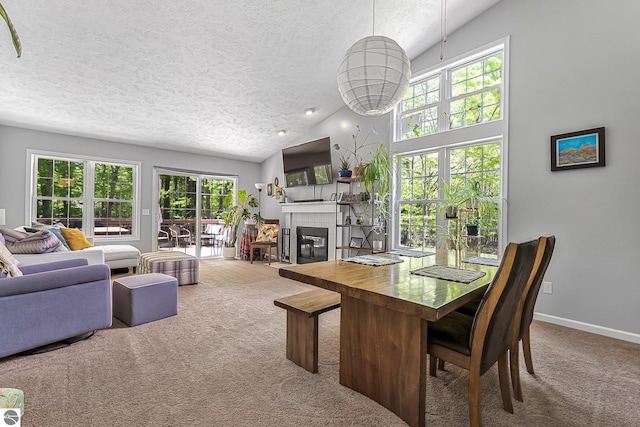 4667 Arbor Latch, Traverse City, MI 49685 - dining room featuring carpet, a textured ceiling, a tile fireplace, vaulted ceiling, and baseboards