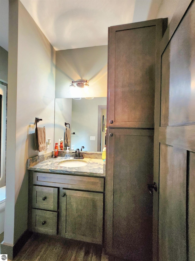 6238 E Gallivan Rd, Cedar, MI 49621 - bathroom featuring vanity, wood finished floors, and toilet