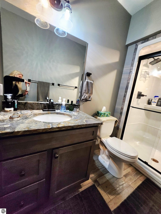 6238 E Gallivan Rd, Cedar, MI 49621 - bathroom featuring vanity, toilet, a stall shower, and wood finished floors