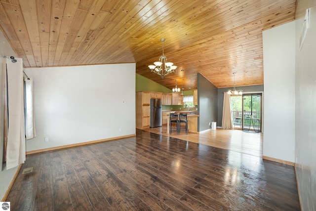 10745 W Remick Rd, Blanchard, MI 49310 - unfurnished living room with a chandelier, wood finished floors, wooden ceiling, baseboards, and vaulted ceiling