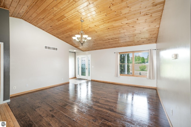 10745 W Remick Rd, Blanchard, MI 49310 - spare room featuring a chandelier, wood ceiling, baseboards, wood finished floors, and high vaulted ceiling
