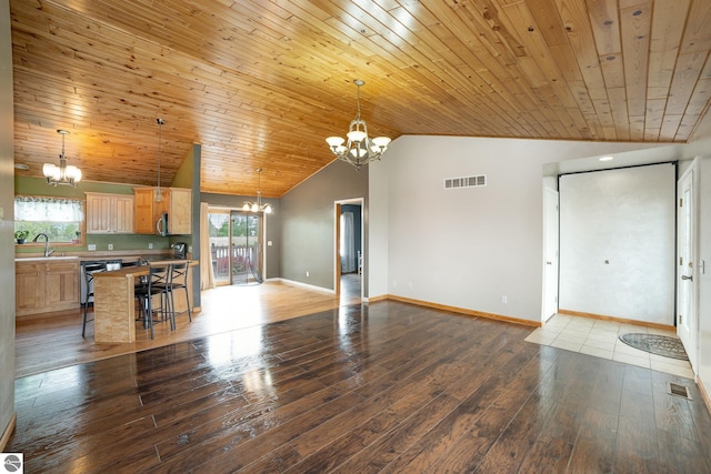 10745 W Remick Rd, Blanchard, MI 49310 - unfurnished living room featuring a chandelier, lofted ceiling, a sink, plenty of natural light, and wood ceiling