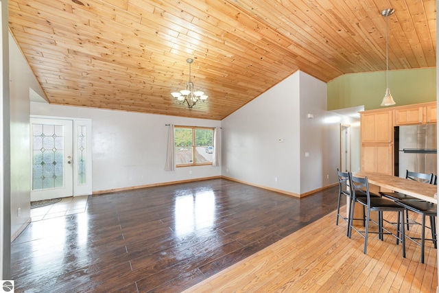 10745 W Remick Rd, Blanchard, MI 49310 - unfurnished dining area with a chandelier, hardwood / wood-style floors, baseboards, wood ceiling, and high vaulted ceiling