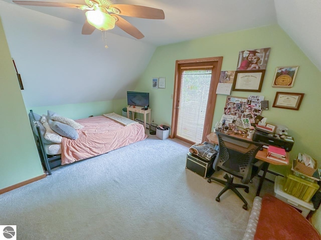 4809 N Alamando Rd, Coleman, MI 48618 - bedroom with lofted ceiling, carpet, and a ceiling fan
