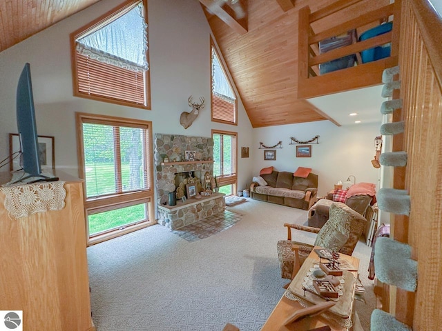 4809 N Alamando Rd, Coleman, MI 48618 - living room featuring high vaulted ceiling, carpet, wooden ceiling, and a fireplace