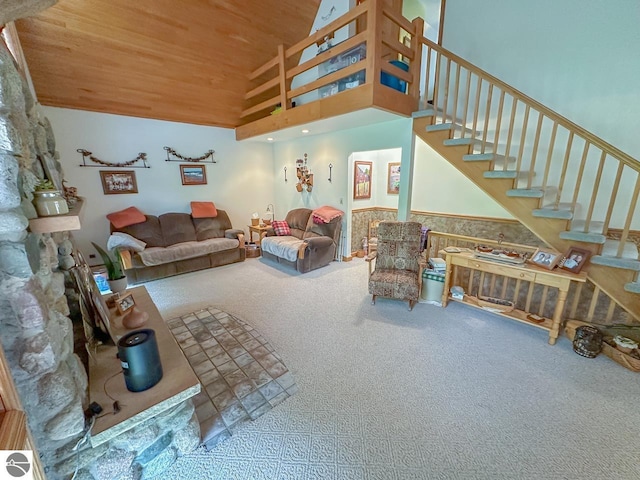 4809 N Alamando Rd, Coleman, MI 48618 - living room with carpet, stairs, wooden ceiling, and high vaulted ceiling