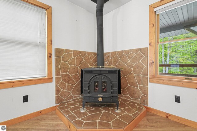 2460 E 26th Rd, Cadillac, MI 49601 - detailed view of a wood stove, wood finished floors, and baseboards