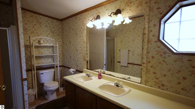 120 Lorna Ln, Roscommon, MI 48653 - full bathroom with crown molding, a shower stall, double vanity, and toilet