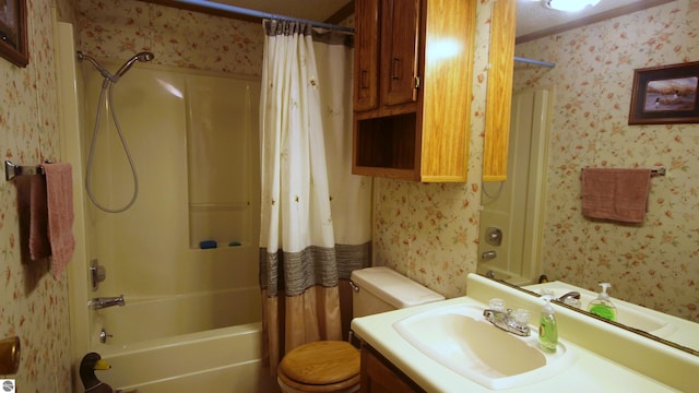 120 Lorna Ln, Roscommon, MI 48653 - bathroom with wallpapered walls, shower / tub combo, toilet, and vanity