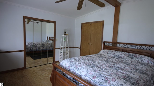 120 Lorna Ln, Roscommon, MI 48653 - bedroom with a closet, crown molding, light carpet, and ceiling fan