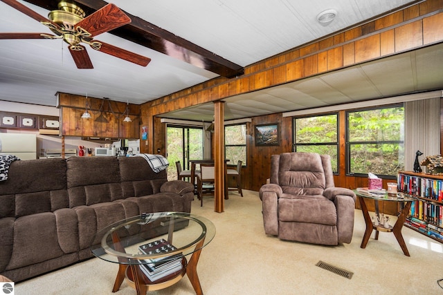 1912 Rosenburg Rd, Kalkaska, MI 49646 - living room with carpet floors, plenty of natural light, wooden walls, and ceiling fan