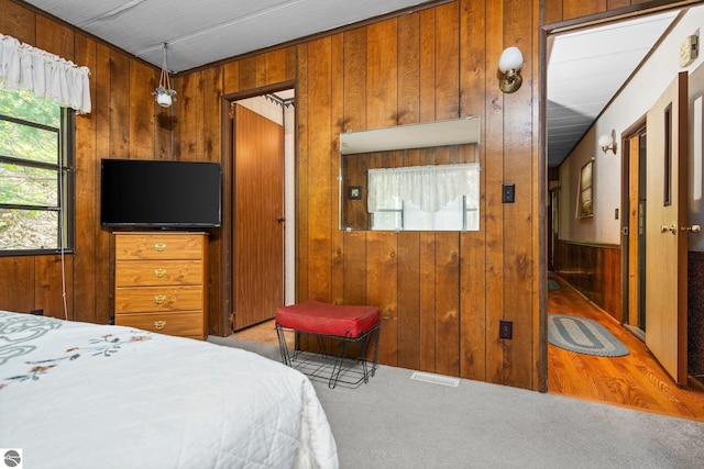 1912 Rosenburg Rd, Kalkaska, MI 49646 - bedroom with wooden walls, multiple windows, and carpet