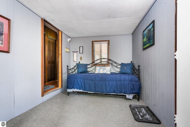 1912 Rosenburg Rd, Kalkaska, MI 49646 - bedroom with carpet flooring, a textured ceiling, and wood walls