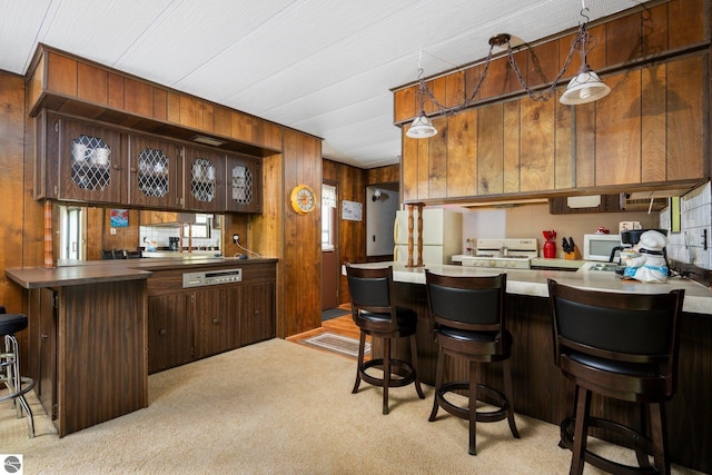 1912 Rosenburg Rd, Kalkaska, MI 49646 - bar area with light carpet, wood walls, white microwave, and hanging light fixtures