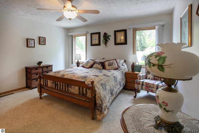 1162 Hemingway Ln, Traverse City, MI 49686 - bedroom featuring multiple windows, light carpet, a textured ceiling, and a ceiling fan