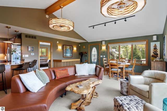 11896 Cabana Shores Rd, Williamsburg, MI 49690 - living room featuring plenty of natural light, carpet, and track lighting