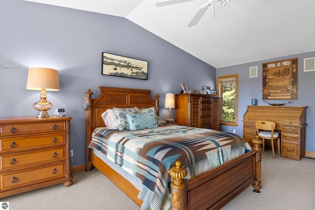 11896 Cabana Shores Rd, Williamsburg, MI 49690 - bedroom with light colored carpet, vaulted ceiling, and a ceiling fan