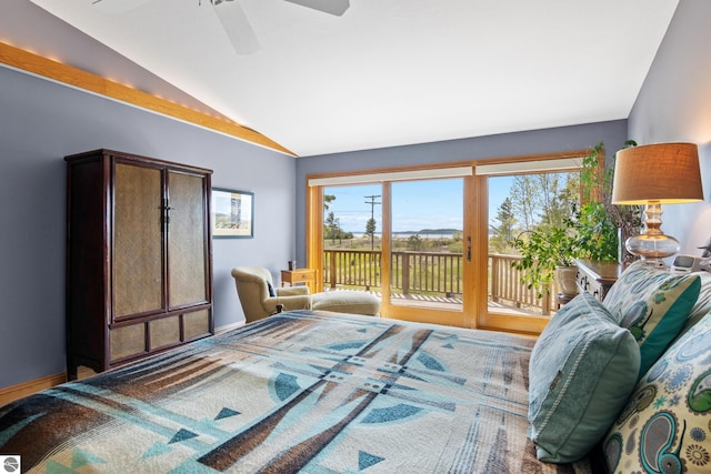 11896 Cabana Shores Rd, Williamsburg, MI 49690 - bedroom featuring access to exterior, vaulted ceiling, and a ceiling fan