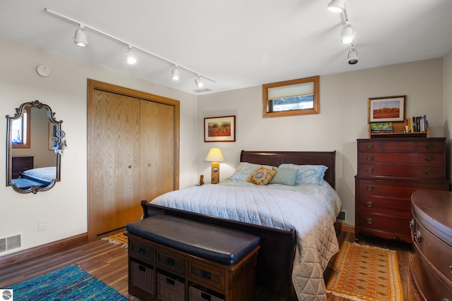 11896 Cabana Shores Rd, Williamsburg, MI 49690 - bedroom with track lighting, a closet, wood finished floors, and baseboards
