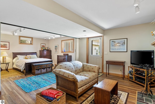 11896 Cabana Shores Rd, Williamsburg, MI 49690 - bedroom featuring rail lighting, wood finished floors, and baseboards