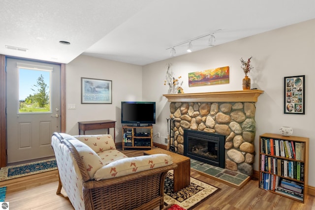11896 Cabana Shores Rd, Williamsburg, MI 49690 - living room featuring wood finished floors, track lighting, a fireplace, and baseboards