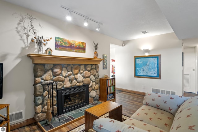 11896 Cabana Shores Rd, Williamsburg, MI 49690 - living room with wood finished floors, baseboards, track lighting, and a fireplace