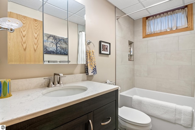 11896 Cabana Shores Rd, Williamsburg, MI 49690 - full bath featuring vanity, toilet, a paneled ceiling, and shower / bath combination with curtain