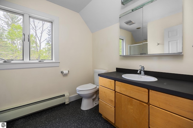 6675 Walker St, Benzonia, MI 49616 - bathroom with baseboard heating, vanity, toilet, a shower with shower door, and baseboards