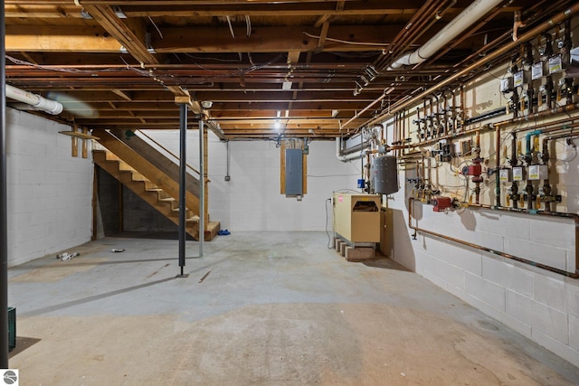 6675 Walker St, Benzonia, MI 49616 - unfinished below grade area featuring electric panel, concrete block wall, and stairs