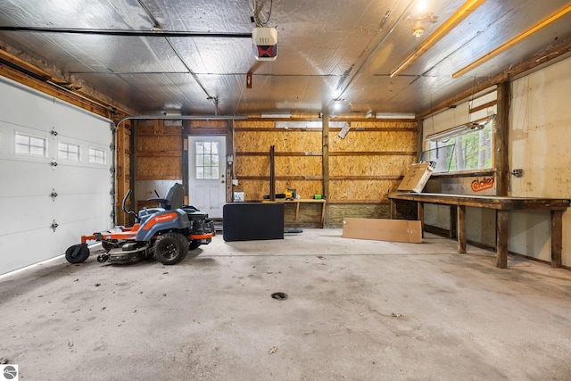 6675 Walker St, Benzonia, MI 49616 - garage featuring a garage door opener and a workshop area