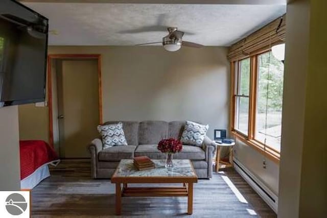 2401 J Maddy Pkwy, Interlochen, MI 49643 - living room featuring a baseboard heating unit, wood finished floors, ceiling fan, and baseboards