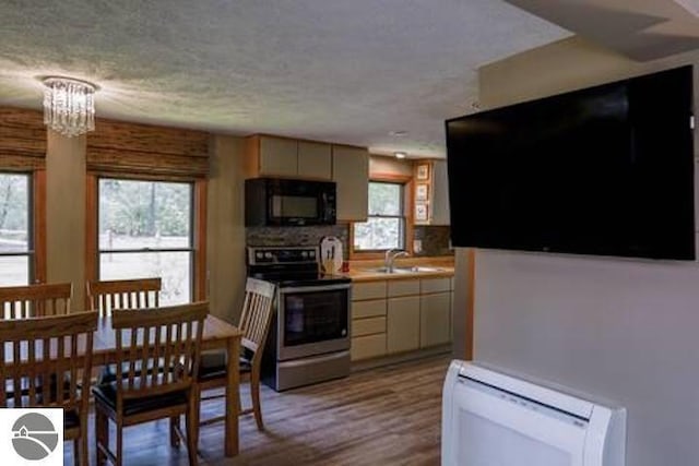 2401 J Maddy Pkwy, Interlochen, MI 49643 - kitchen featuring stainless steel electric range oven, black microwave, a baseboard radiator, wood finished floors, and light countertops