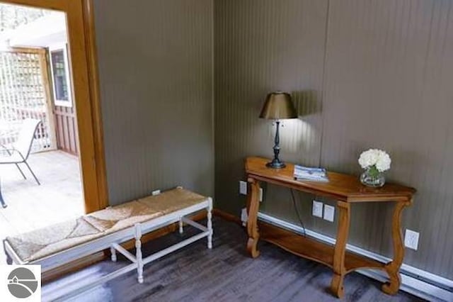 2401 J Maddy Pkwy, Interlochen, MI 49643 - office area with wood finished floors, a baseboard heating unit, and baseboards