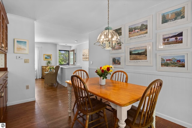906 Michigan Ave, Frankfort, MI 49635 - dining room featuring dark wood-type flooring, a chandelier, baseboards, and wainscoting