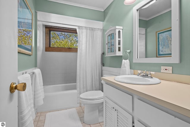 906 Michigan Ave, Frankfort, MI 49635 - full bath with vanity, toilet, crown molding, shower / tub combo, and tile patterned floors