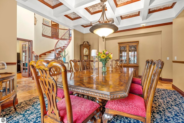 6853 S W Bay Shore Dr, Traverse City, MI 49684 - dining room with coffered ceiling, stairs, beam ceiling, french doors, and ornamental molding