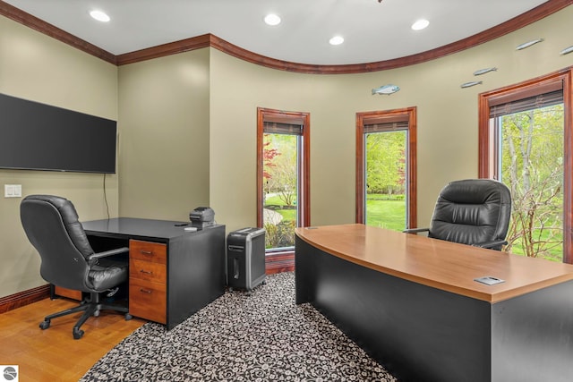 6853 S W Bay Shore Dr, Traverse City, MI 49684 - home office with crown molding, wood finished floors, recessed lighting, and baseboards