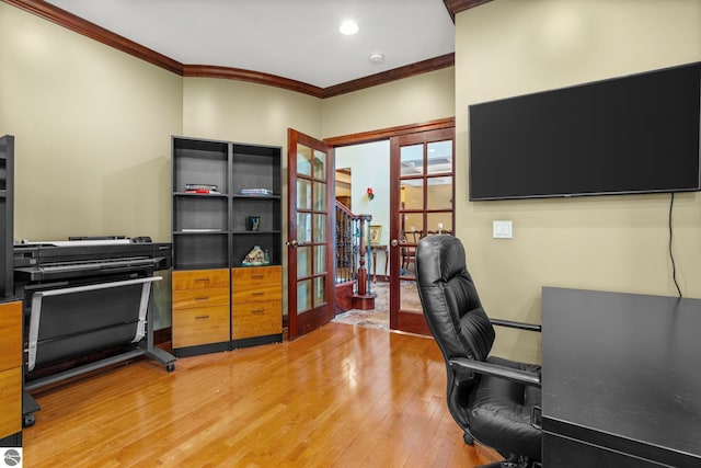 6853 S W Bay Shore Dr, Traverse City, MI 49684 - office space with french doors, crown molding, light wood-type flooring, and recessed lighting