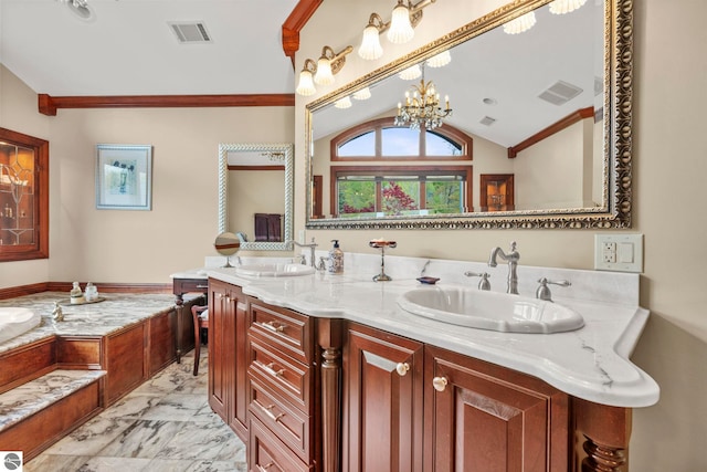 6853 S W Bay Shore Dr, Traverse City, MI 49684 - full bath with vaulted ceiling, double vanity, marble finish floors, a bath, and a chandelier